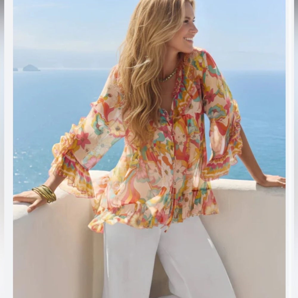 Johnny Was Floral Sheer Ruffle Blouse in Pink, Coral, Turquoise